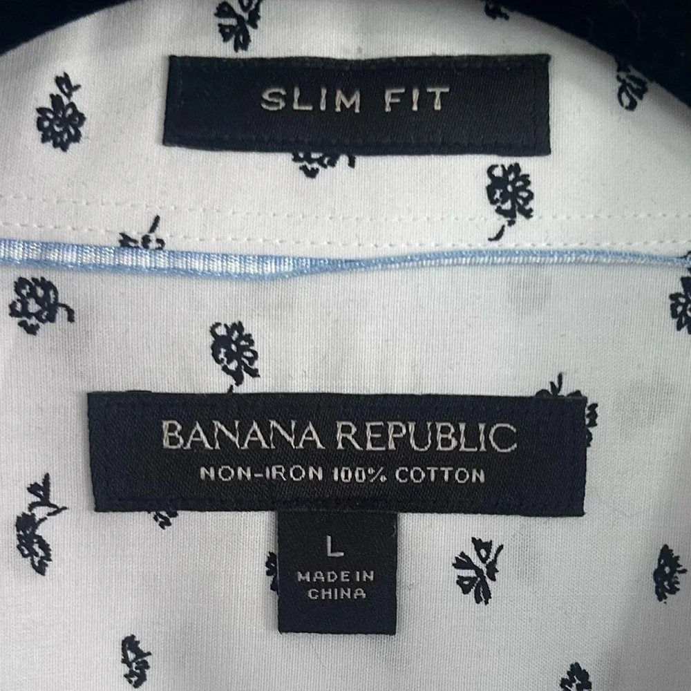 Banana Republic Men Slim Fit White Black Floral Non-Iron Cotton Dress Shirt Sz L